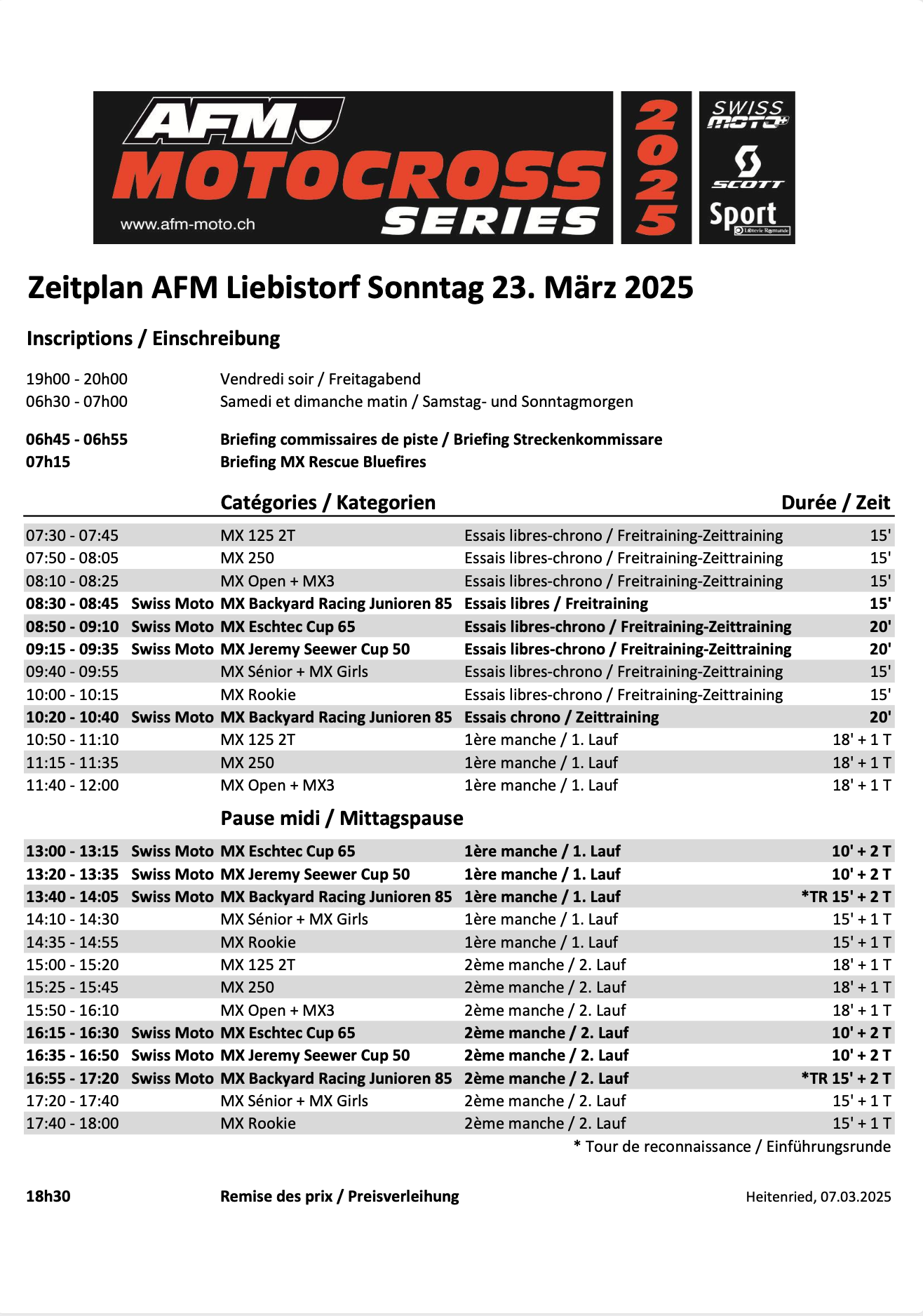 Horaire Swiss Moto Liebistorf (FR) dimanche 23 mars 2025